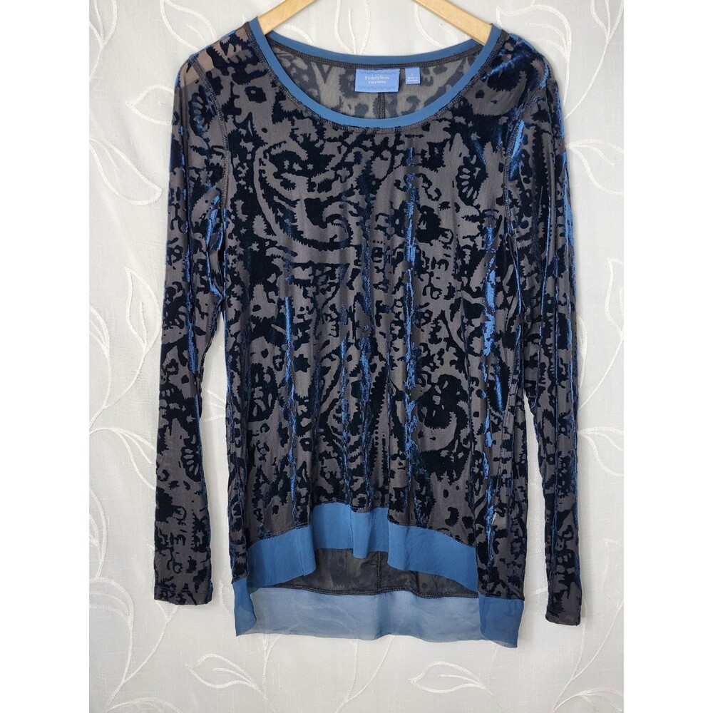 Simply Vera Vera Wang Womens Large Blue Velvet Burnout Mesh Sheer Top
